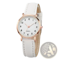 Arabic dial rose gold leather women watch featuring a white leather strap and rose gold-tone case and dial markings
