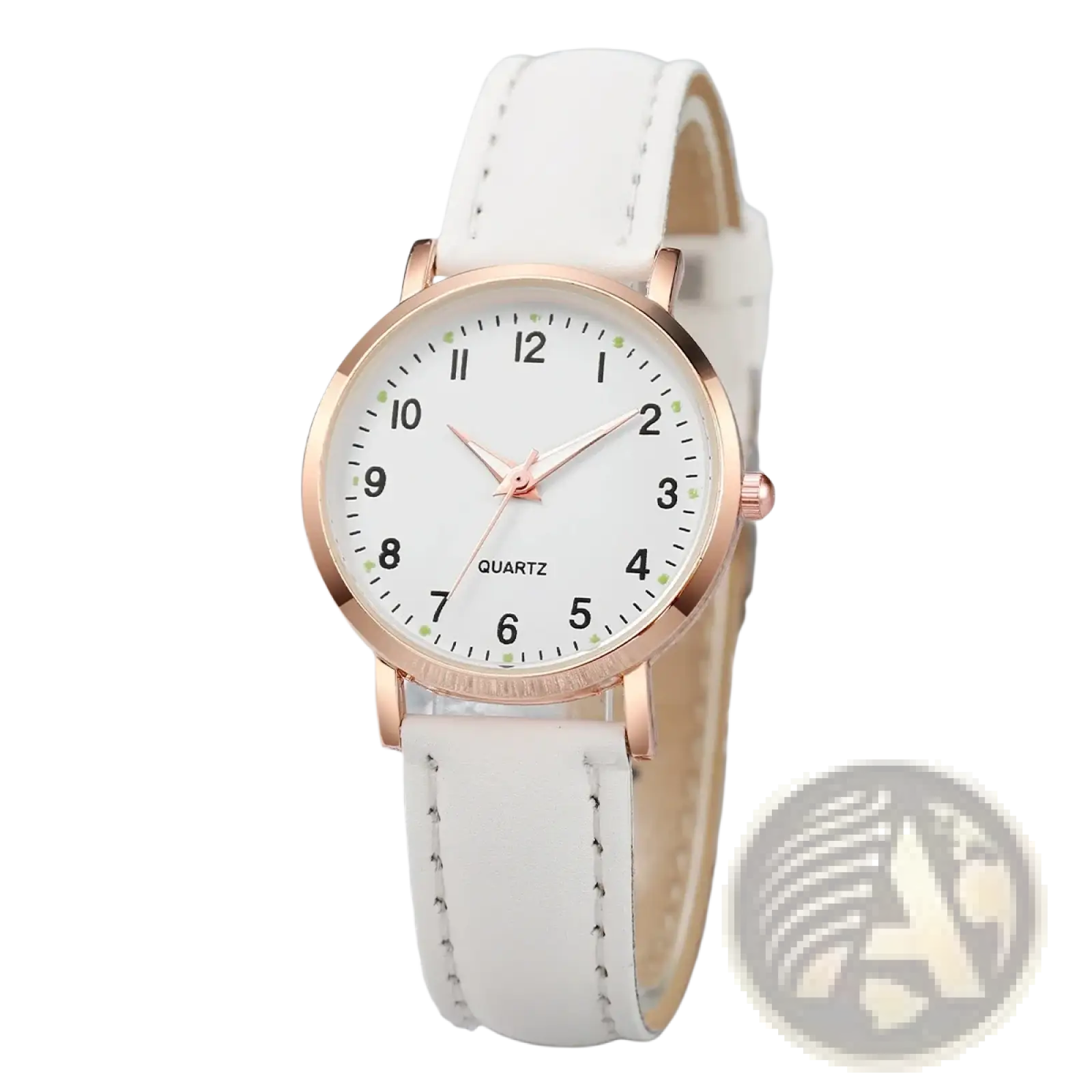 Arabic dial rose gold leather women watch featuring a white leather strap and rose gold-tone case and dial markings