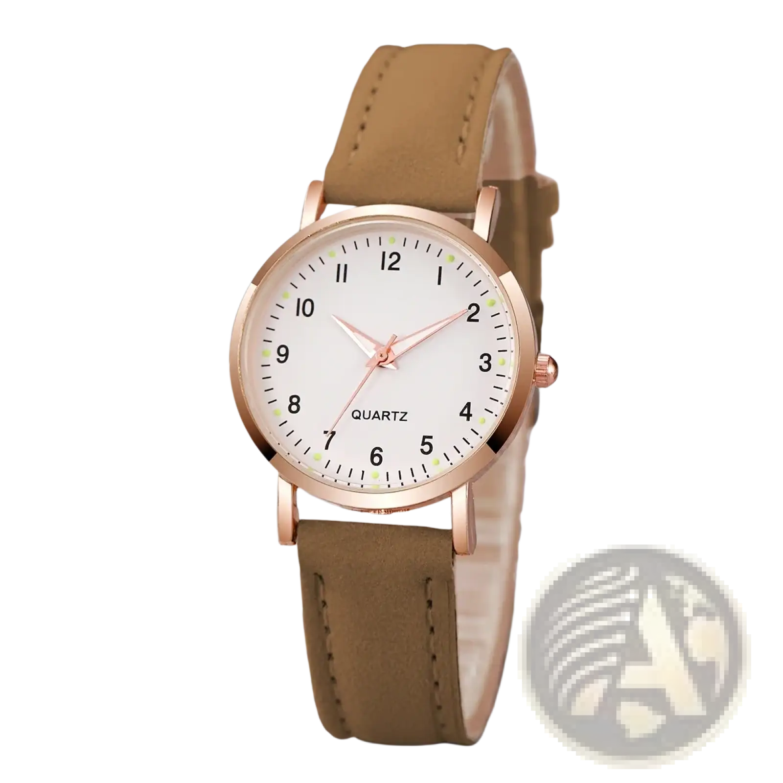 A delicate rose gold women leather quartz watch with an arabic dial, white face, and tan leather strap
