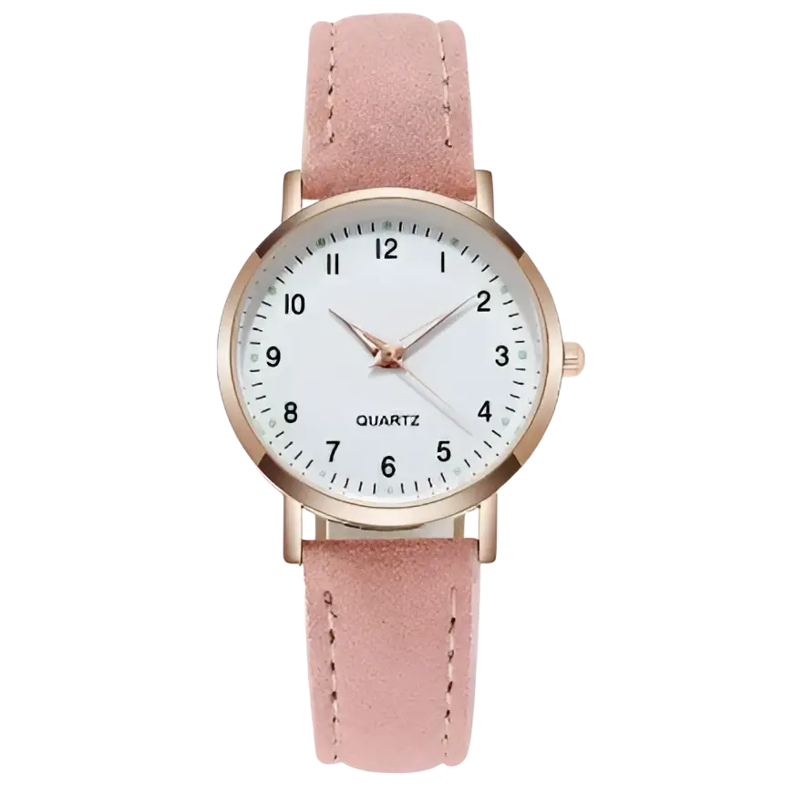 A delicate arabic dial women leather quartz watch with a pink suede strap and rose gold-tone case
