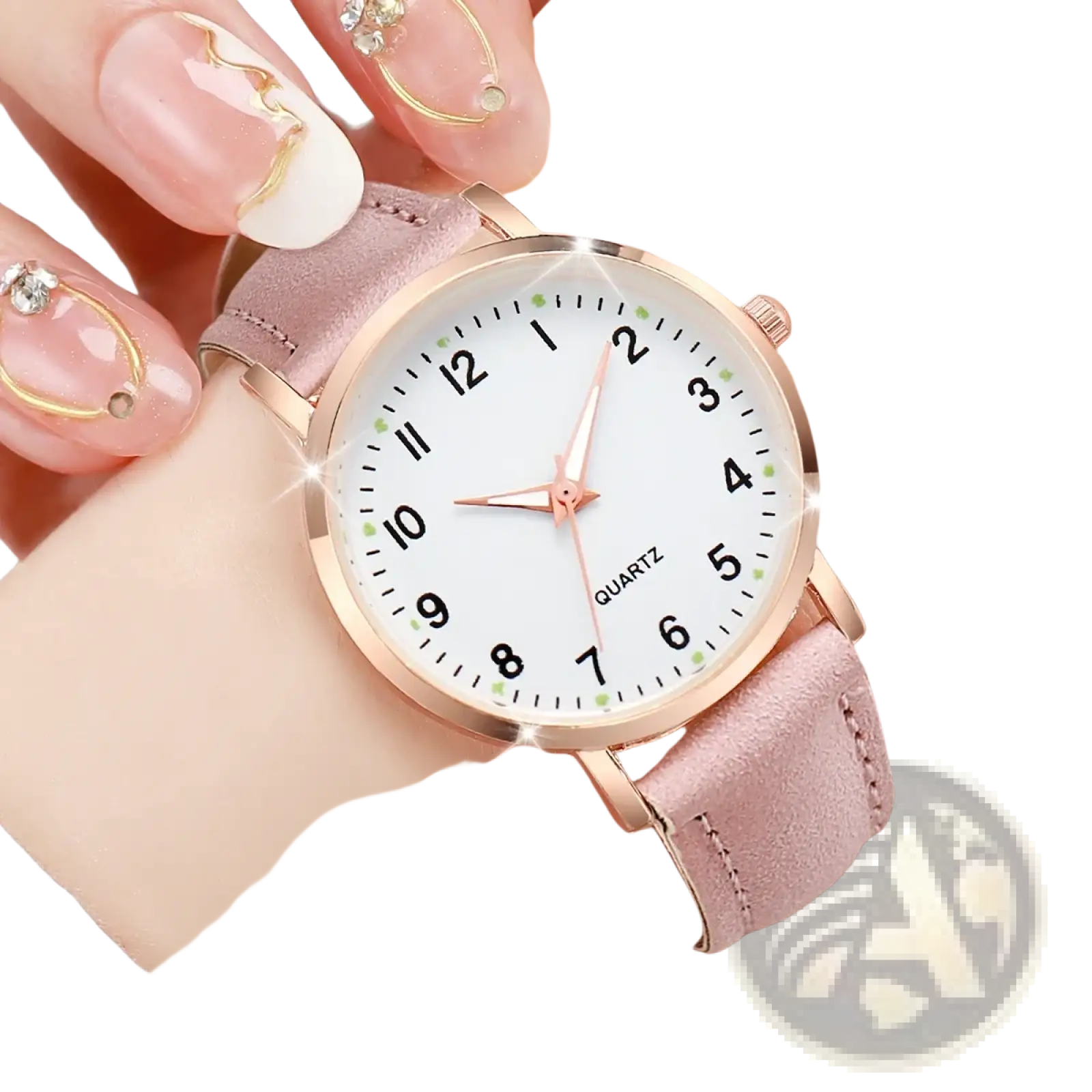Arabic dial women leather quartz watch in rose gold with delicate white dial, black numerals, and pink suede strap