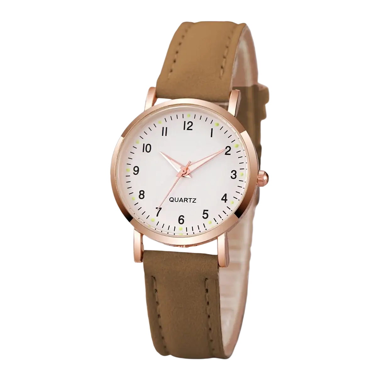 A delicate rose gold women leather quartz watch with an arabic dial, white face, and tan leather strap