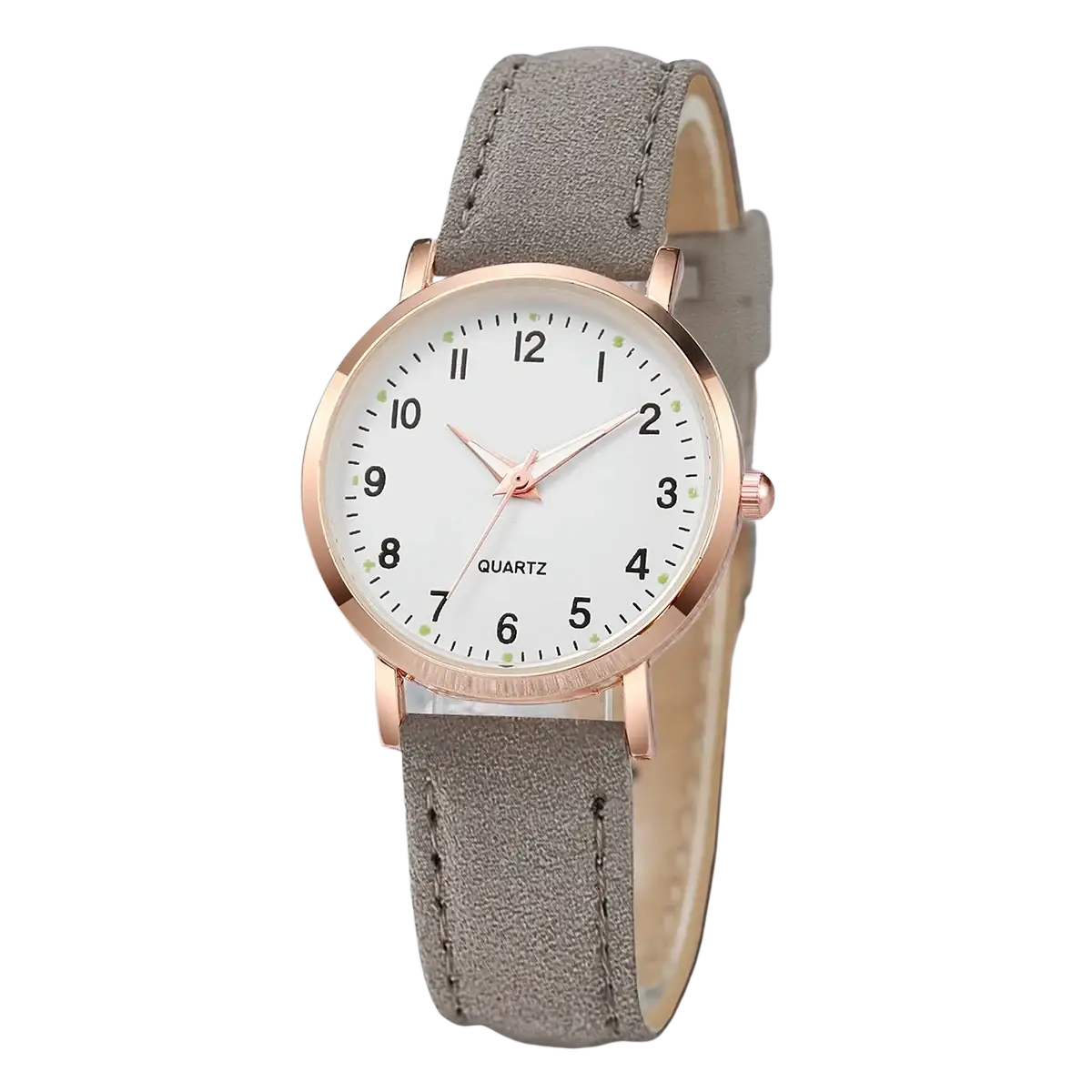 Arabic dial women leather quartz watch with rose gold tone, white dial, and gray suede strap