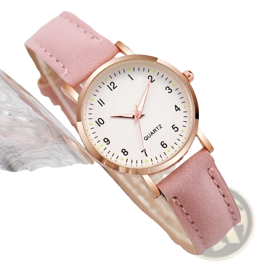 Arabic dial women leather quartz watch with a delicate rose gold-toned case and soft pink leather strap minimalist dial