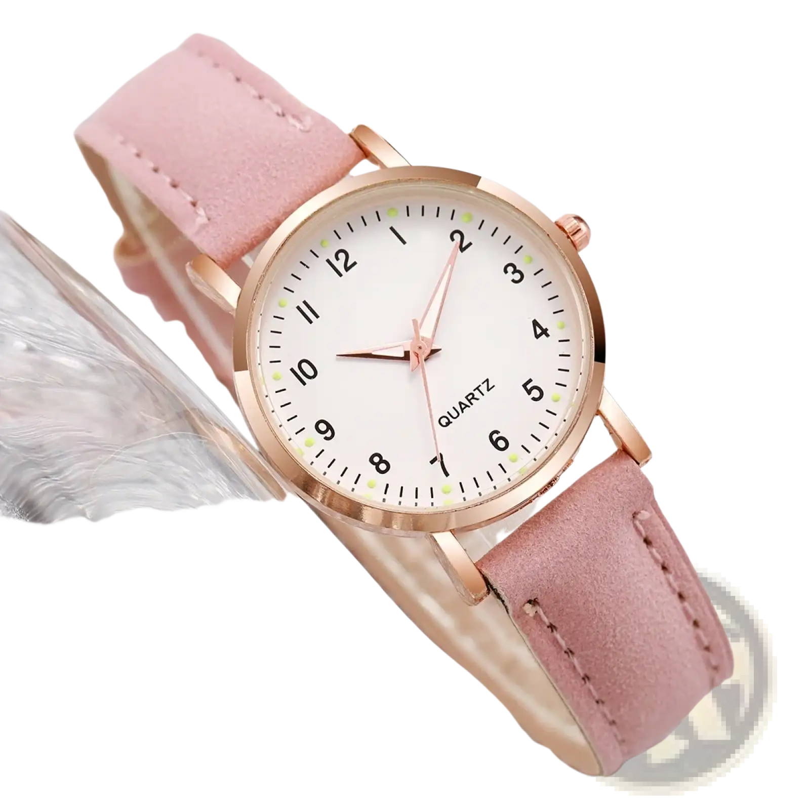 Arabic dial women leather quartz watch with a delicate rose gold-toned case and soft pink leather strap minimalist dial