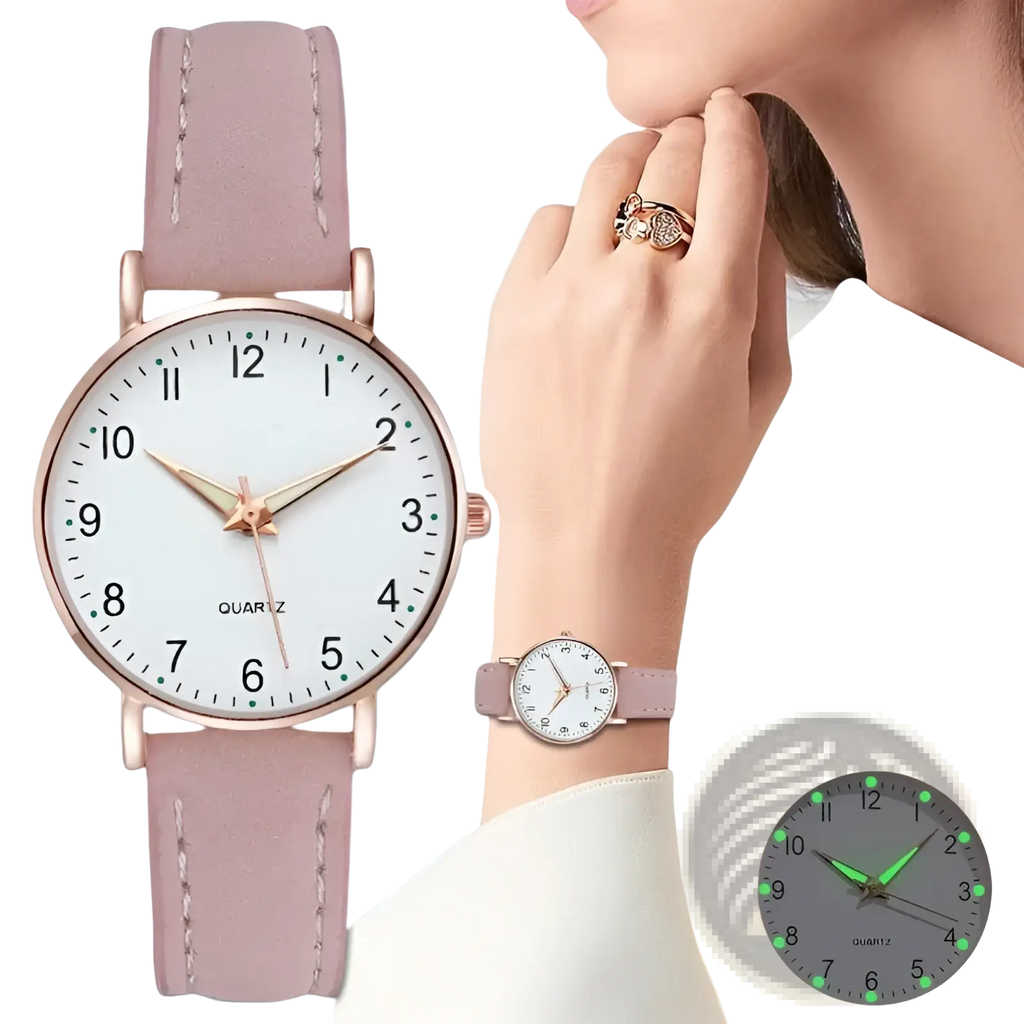Arabic dial women leather quartz watch with rose gold-toned case, soft pink strap, and minimalist white dial