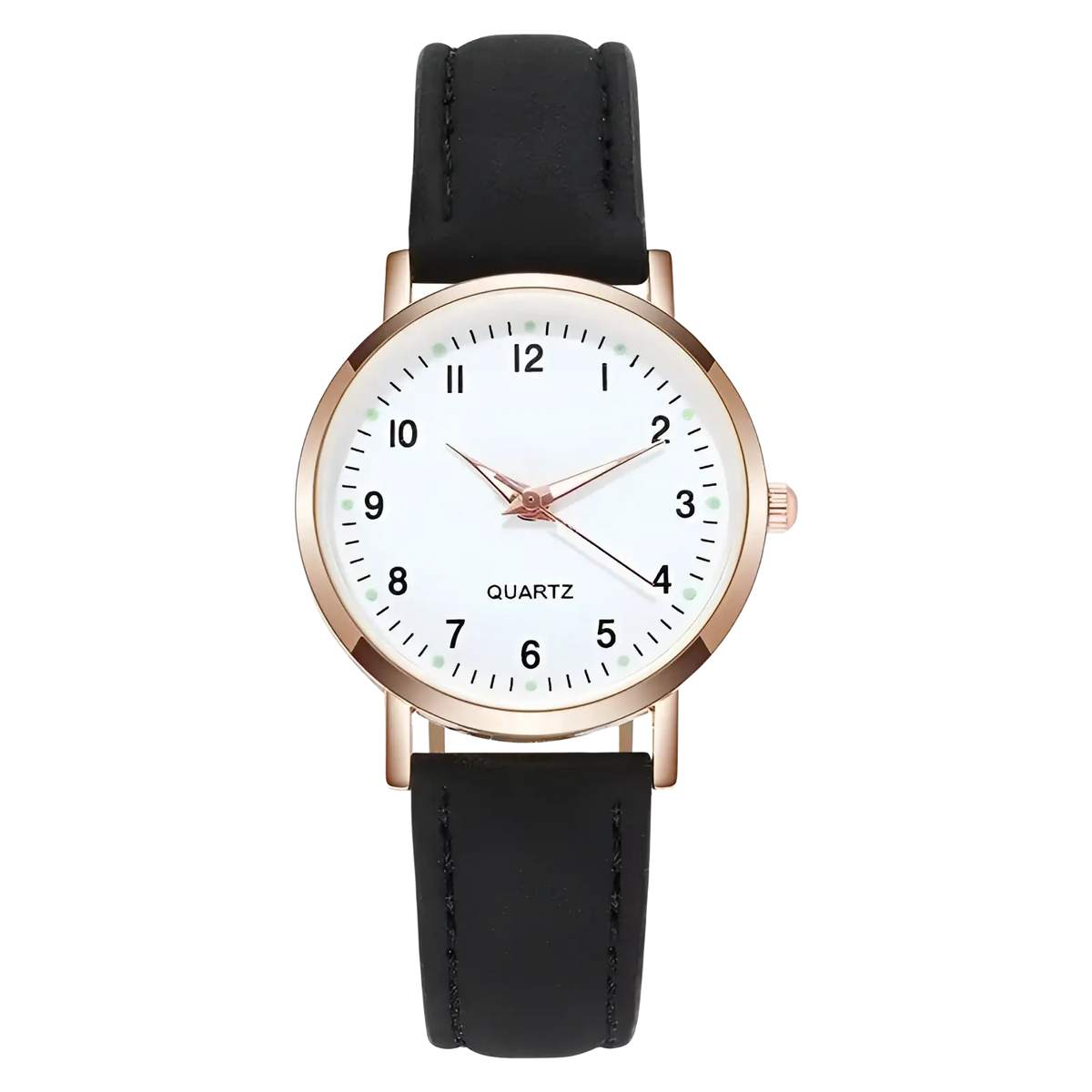 Minimalist Arabic dial women leather quartz watch with rose gold case, white dial, black numerals, and black leather strap