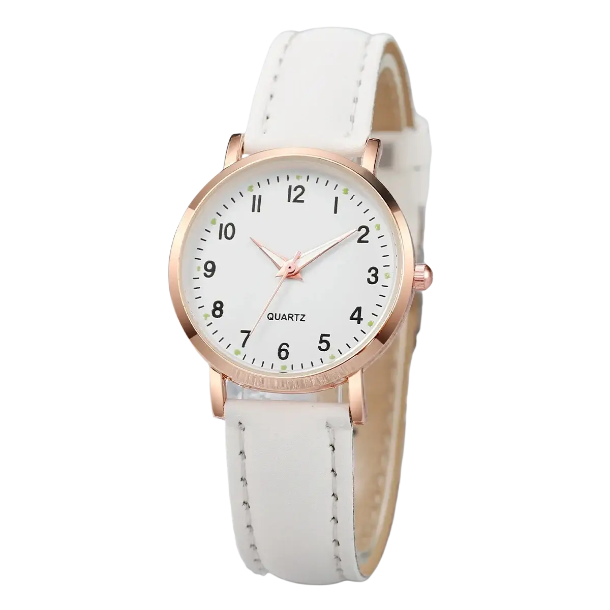 Arabic dial women leather quartz watch with white leather strap and rose gold-tone case and dial markings