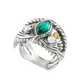 Silver Aragorn ring of Barahir featuring a green crystal emerald snake design with small amber accents
