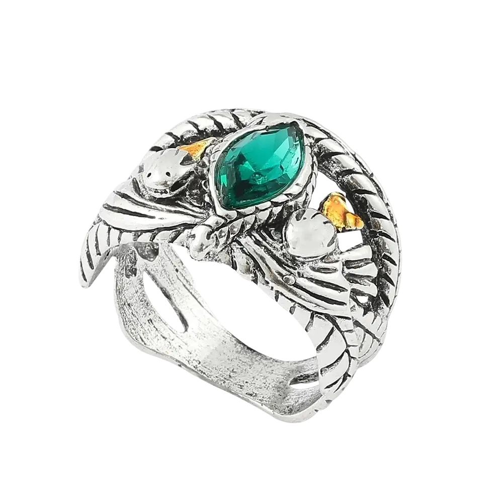 Silver Aragorn ring of Barahir featuring a green crystal emerald snake design with small amber accents
