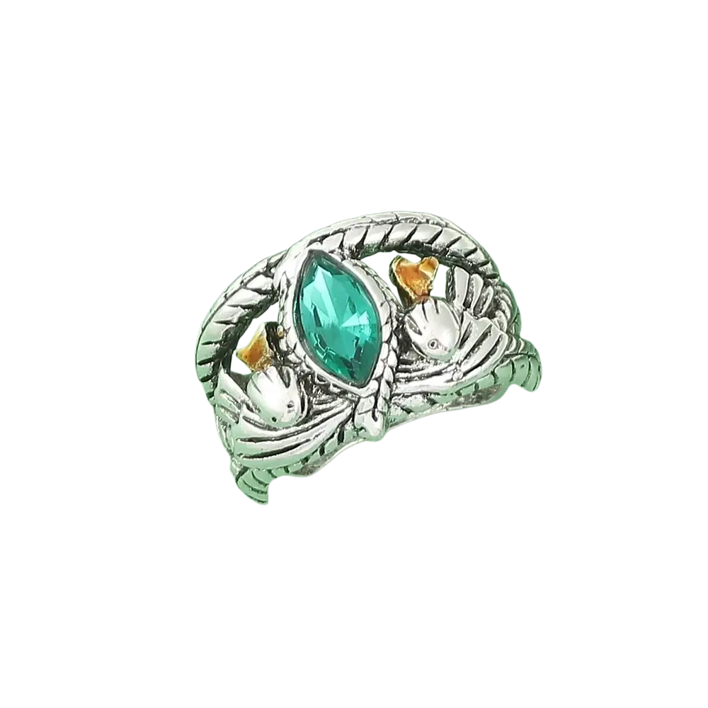 Silver Aragorn ring of Barahir with braided design, teal marquise-cut crystal, and gold-toned accents