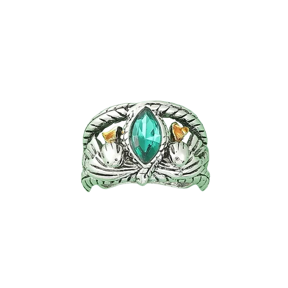 Silver Aragorn ring of Barahir featuring a teal marquise green crystal and gold-accented owl details on textured band