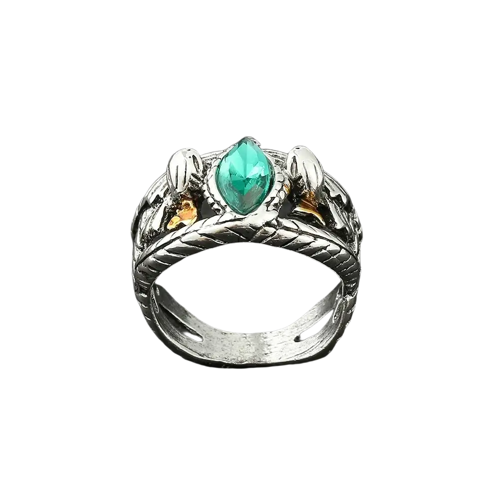 Silver Aragorn ring of Barahir featuring a teal crystal centerpiece and intricate snake-themed braided detailing