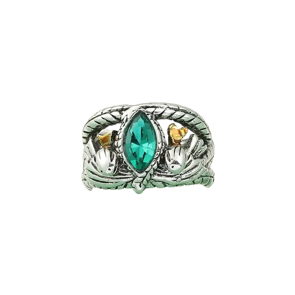 Silver-toned Aragorn ring of Barahir featuring a marquise-cut teal crystal with gold accents and twisted rope detailing