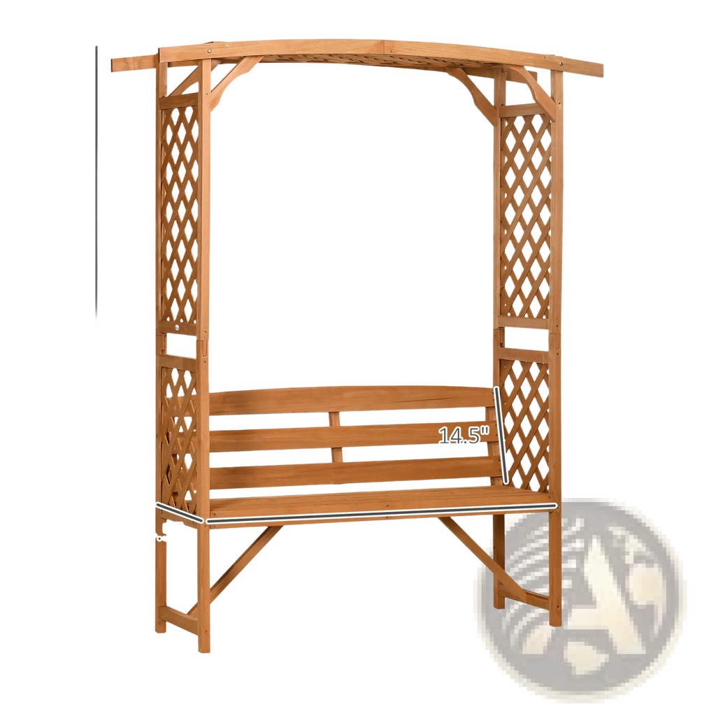 A light brown wooden arbor garden bench with lattice trellis and pergola arch featuring a built-in bench