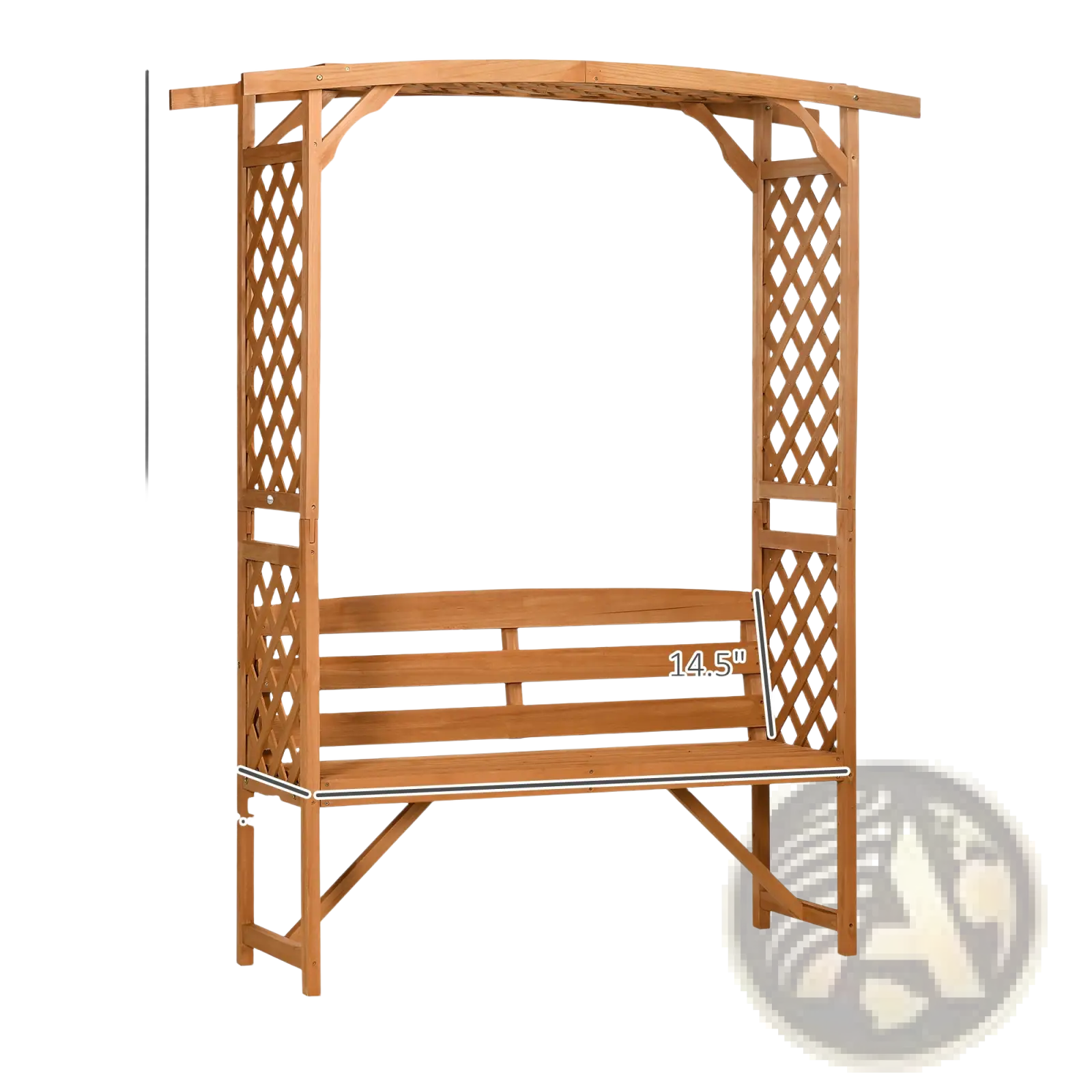 A light brown wooden arbor garden bench with lattice trellis and pergola arch featuring a built-in bench