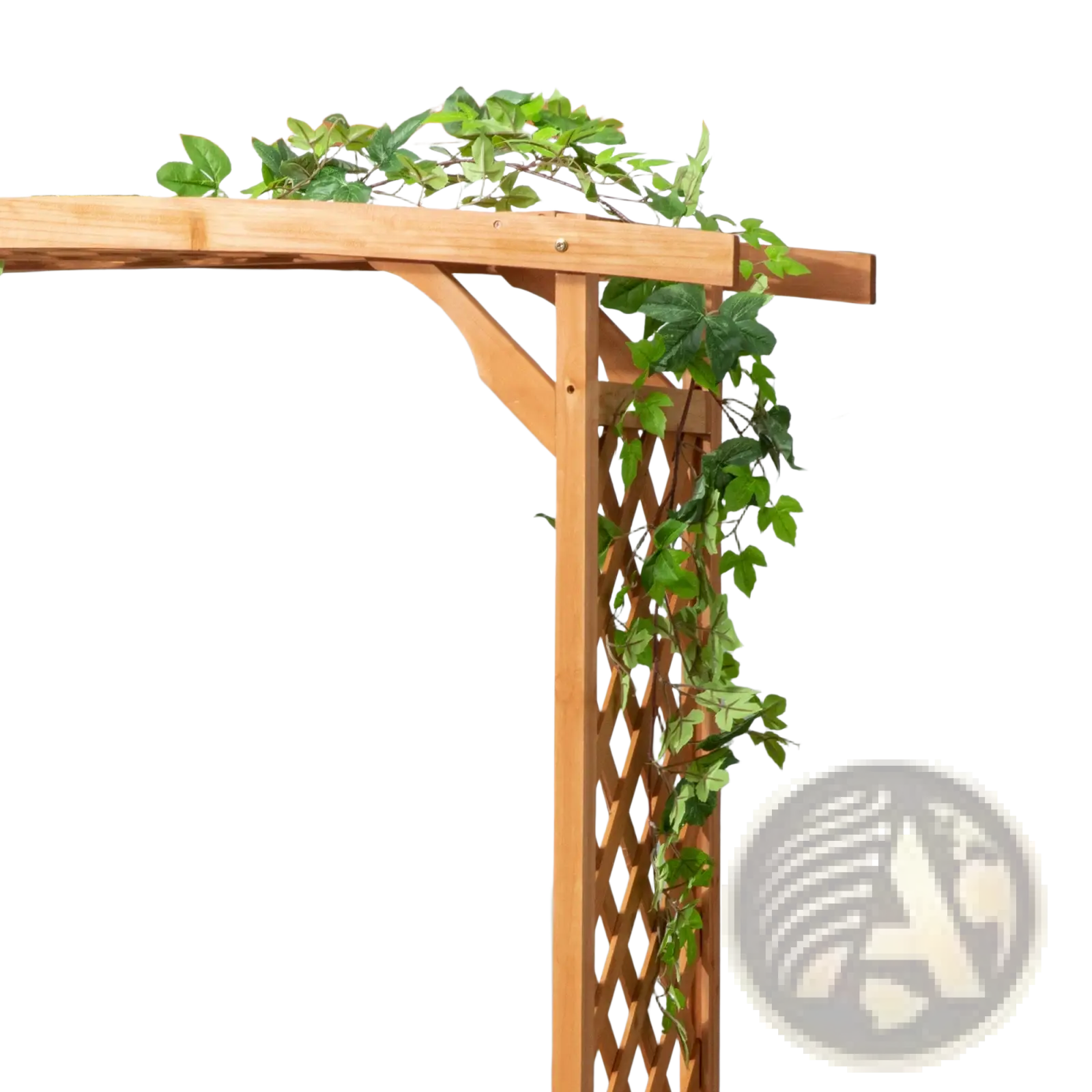 A wooden arbor garden bench with trellis and pergola arch in natural finish adorned with climbing green vines