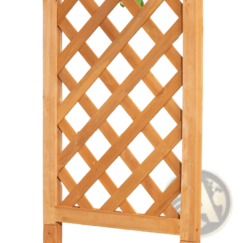 Light brown wooden lattice garden trellis with diamond pattern on arbor garden bench with pergola arch