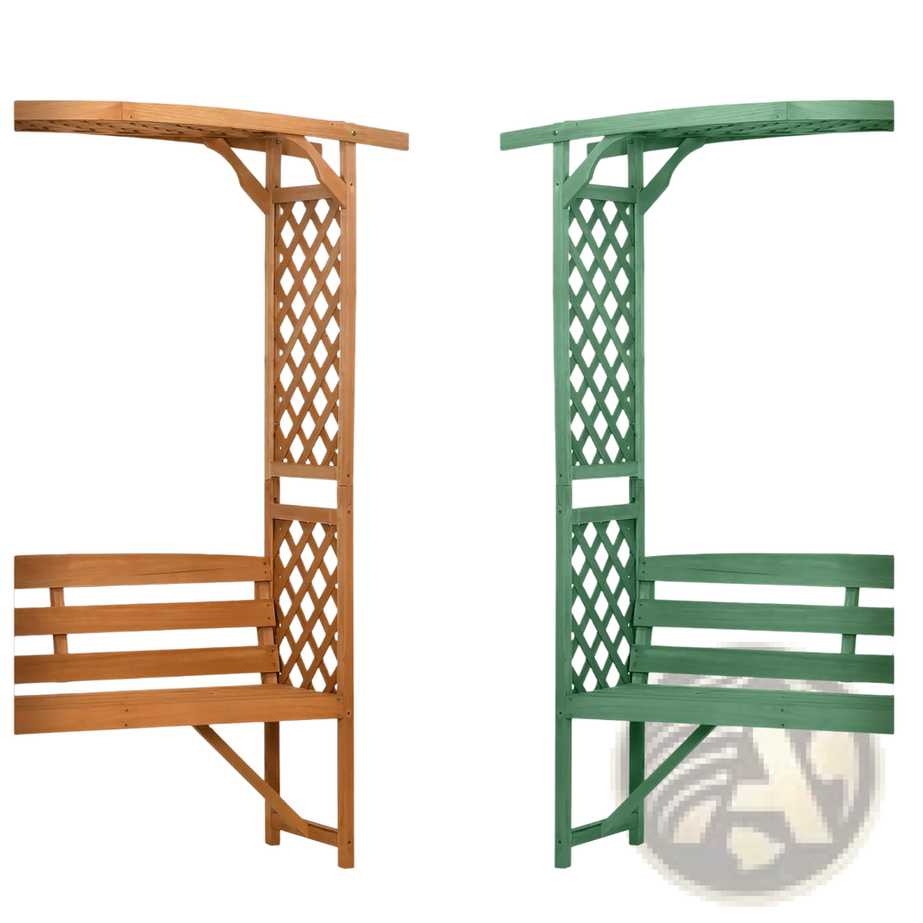 Wooden arbor garden bench with lattice trellis and pergola arch available in natural wood or painted green