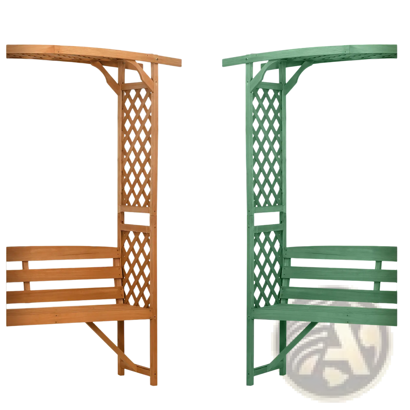 Wooden arbor garden bench with lattice trellis and pergola arch available in natural wood or painted green