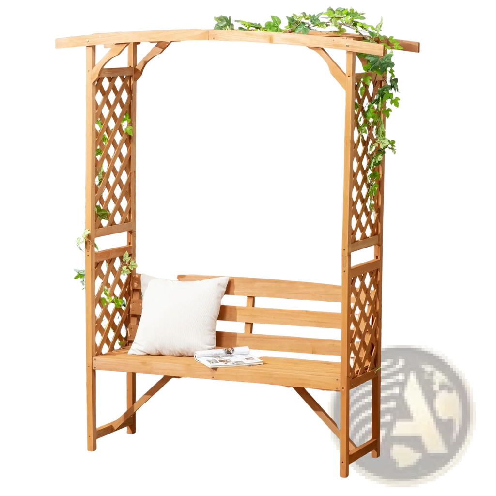 Light brown wooden arbor garden bench with lattice sides and white cushion featuring a pergola arch