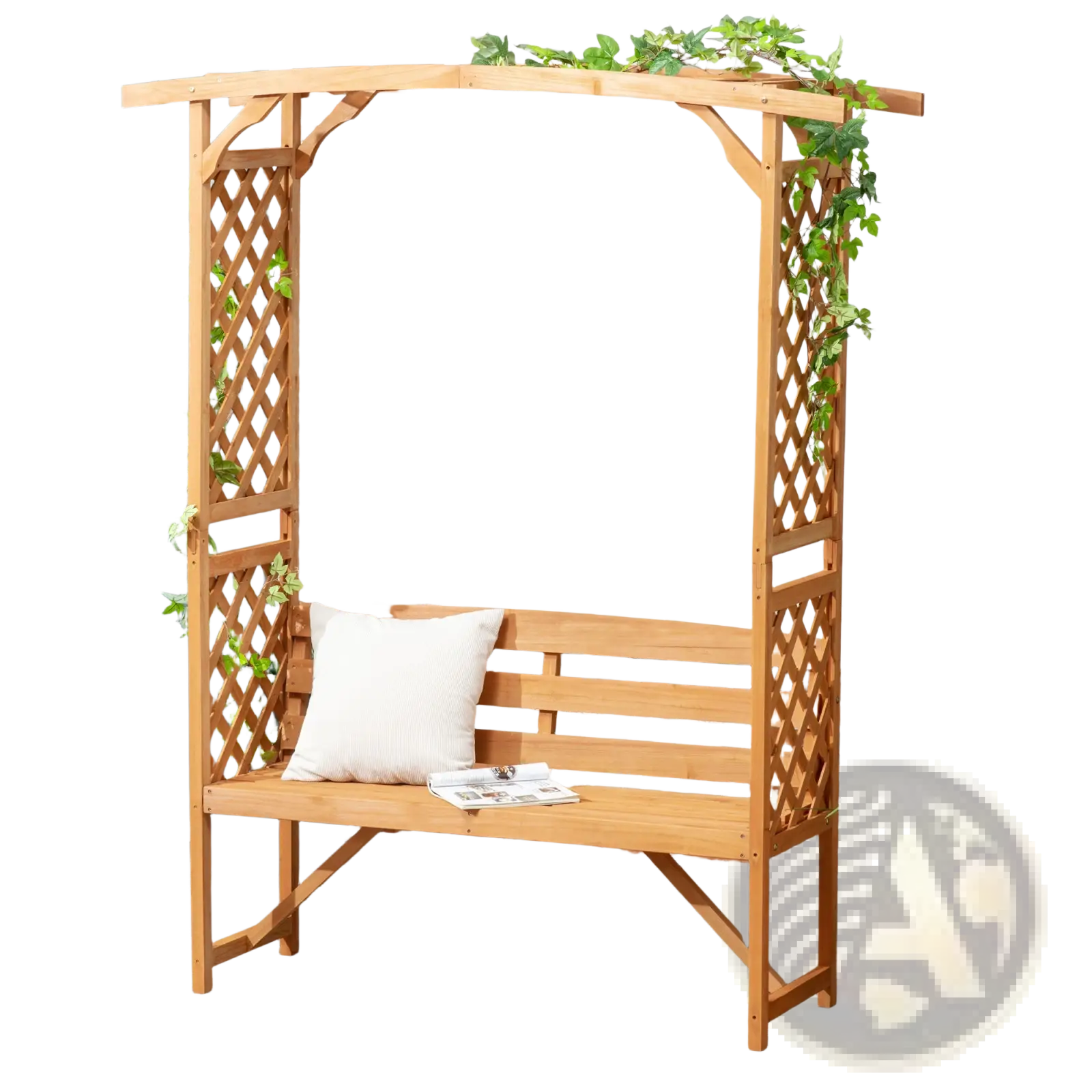 Light brown wooden arbor garden bench with lattice sides and white cushion featuring a pergola arch