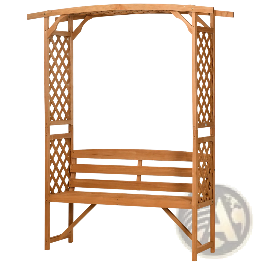Light brown wooden arbor garden bench with lattice trellis and pergola arch for outdoor seating and decor