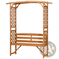 Light brown wooden arbor garden bench with lattice trellis and pergola arch for outdoor seating and decor