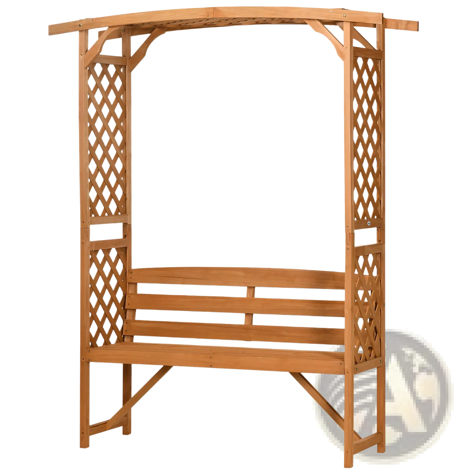 Light brown wooden arbor garden bench with lattice trellis and pergola arch for outdoor seating and decor