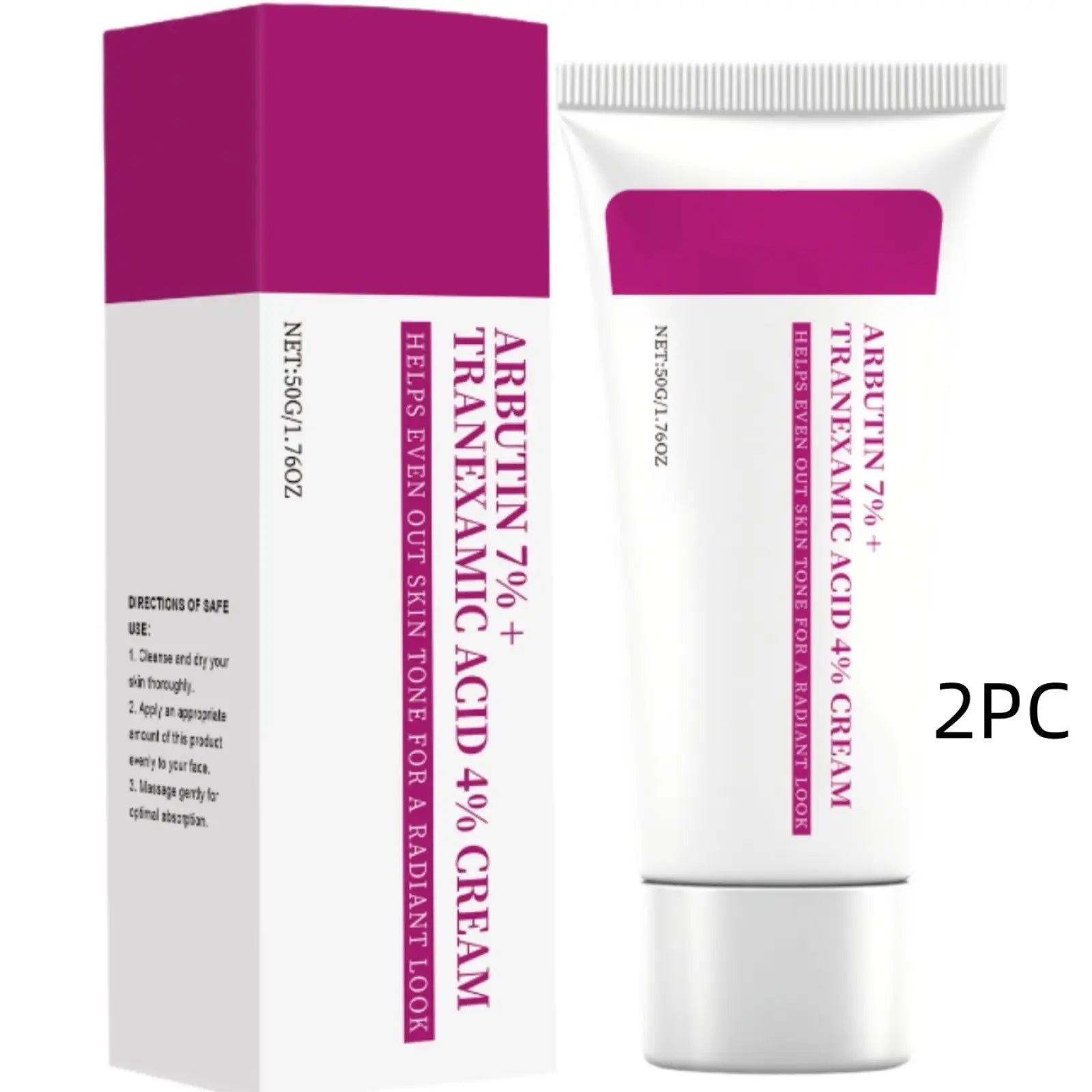 White tube of arbutin 7% and tranexamic acid 4% brightening cream with magenta labeling and matching box