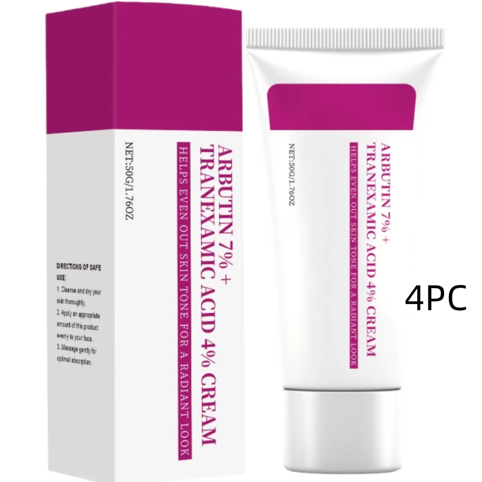 White tube of arbutin 7 percent and tranexamic acid 4 percent brightening cream with magenta labeling and matching box set of four
