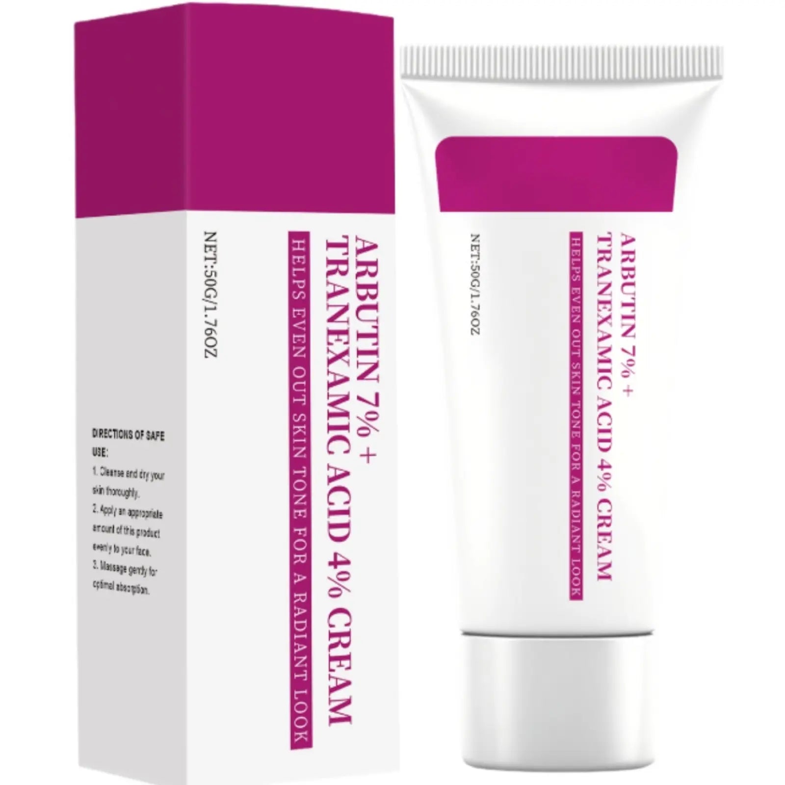 White tube and box of arbutin 7% and tranexamic acid 4% brightening cream with magenta labeling