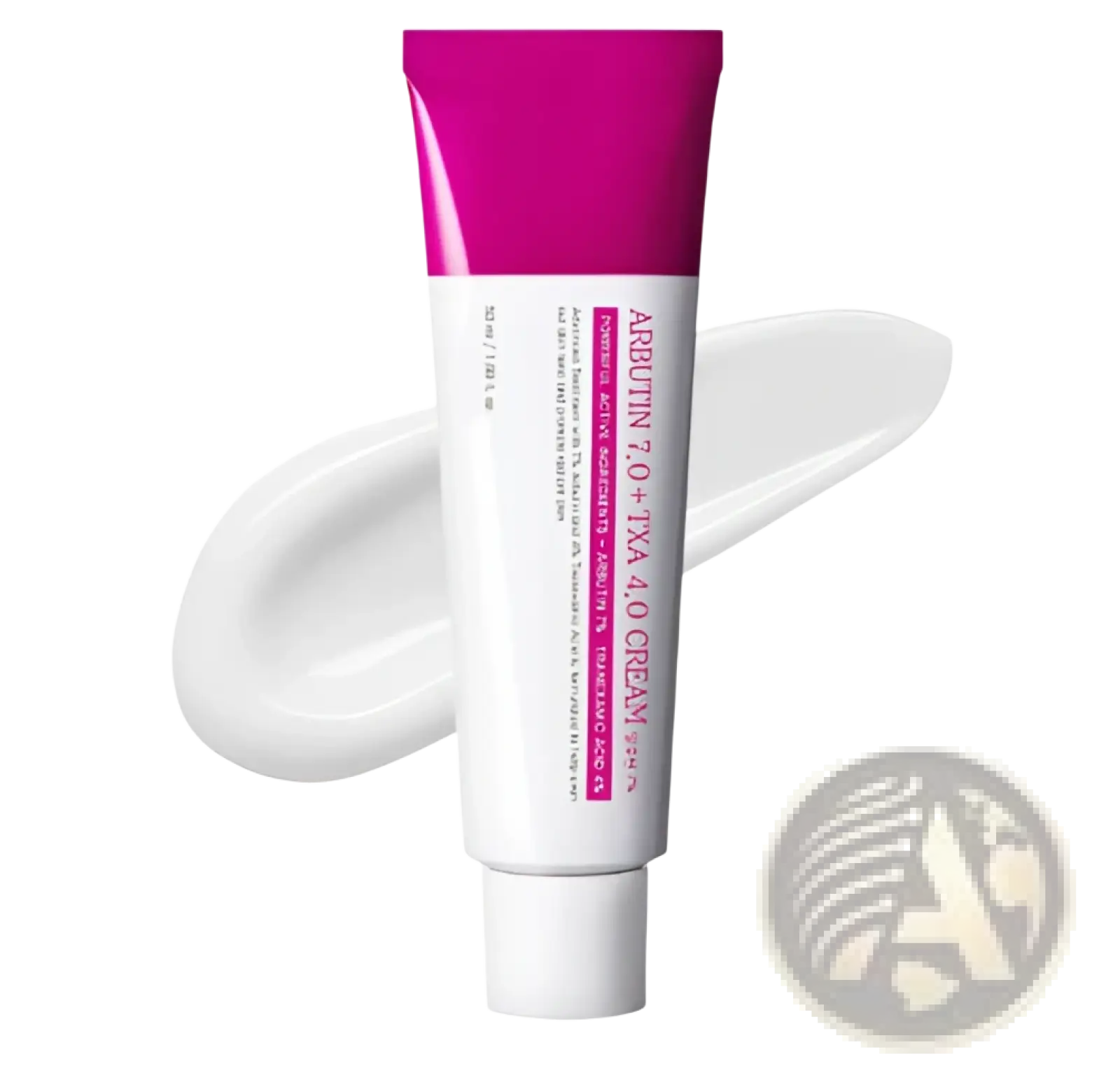 A vibrant magenta and white tube of arbutin 7 percent and tranexamic acid 4 percent brightening cream with bold pink text