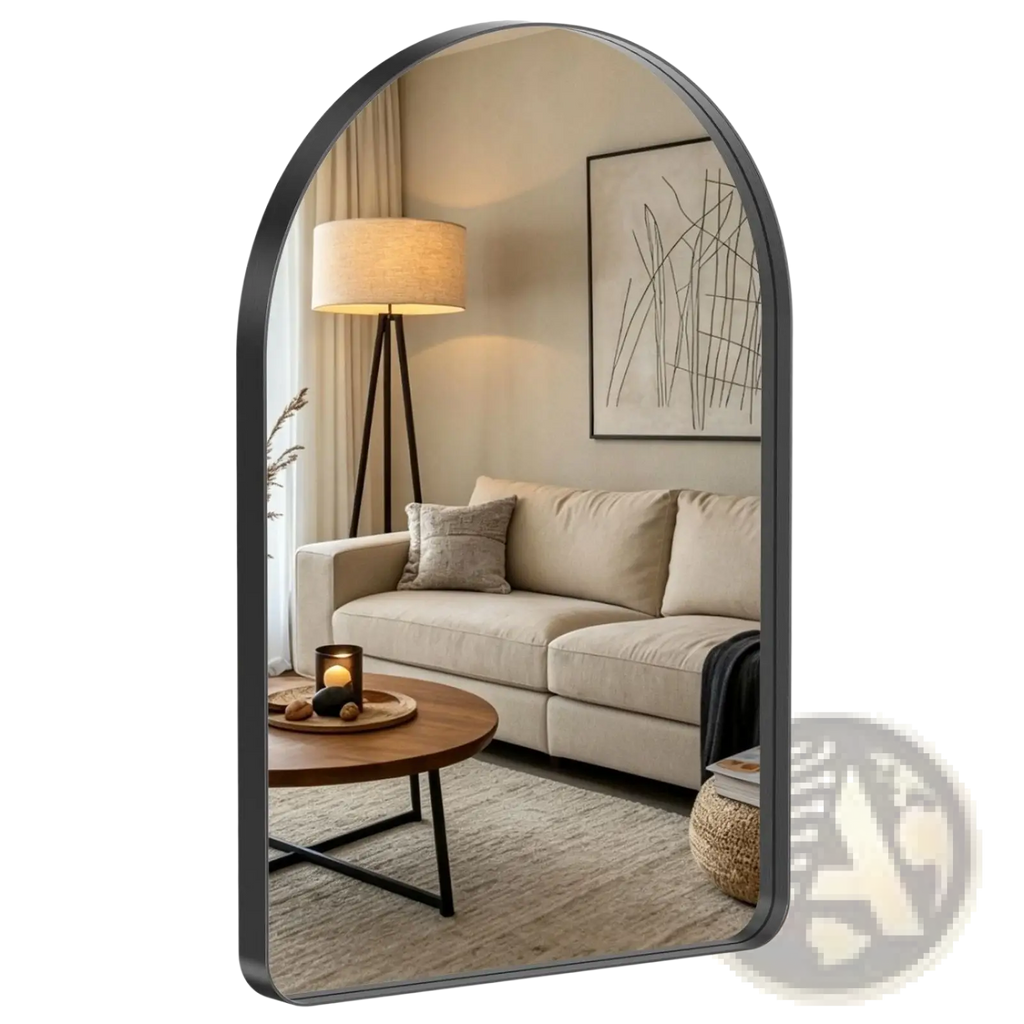 Arched wall mirror with sleek black metal frame reflecting a cozy living room scene for modern vanity use