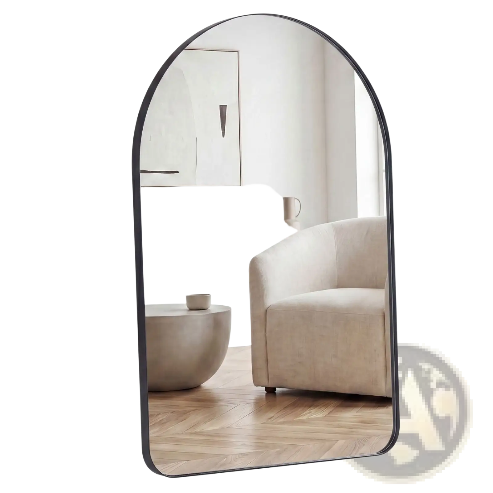 Black arched wall mirror with sleek metal frame reflecting a modern living room for vanity or decor use