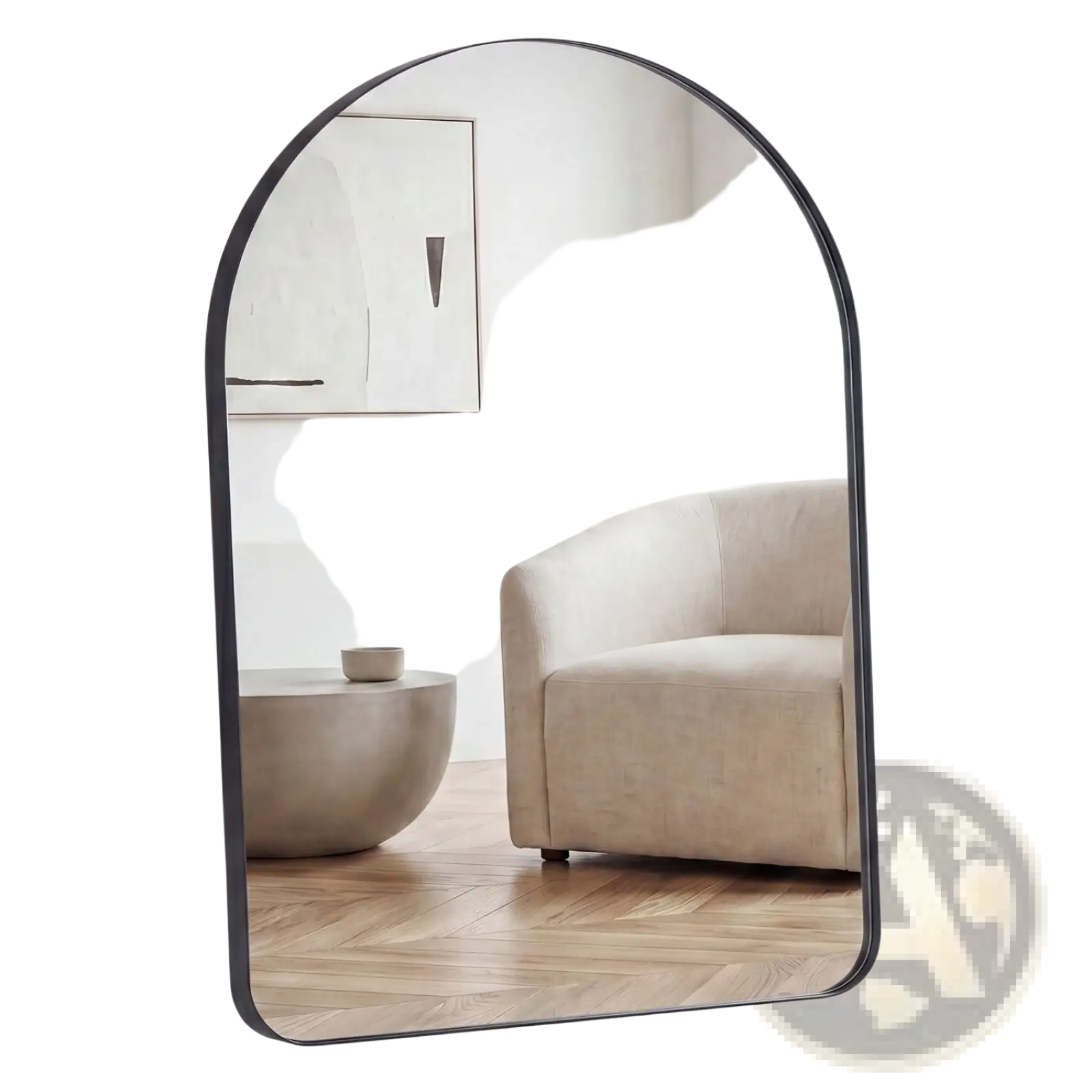 Black arched wall mirror with sleek metal frame reflecting a modern living room scene for vanity use