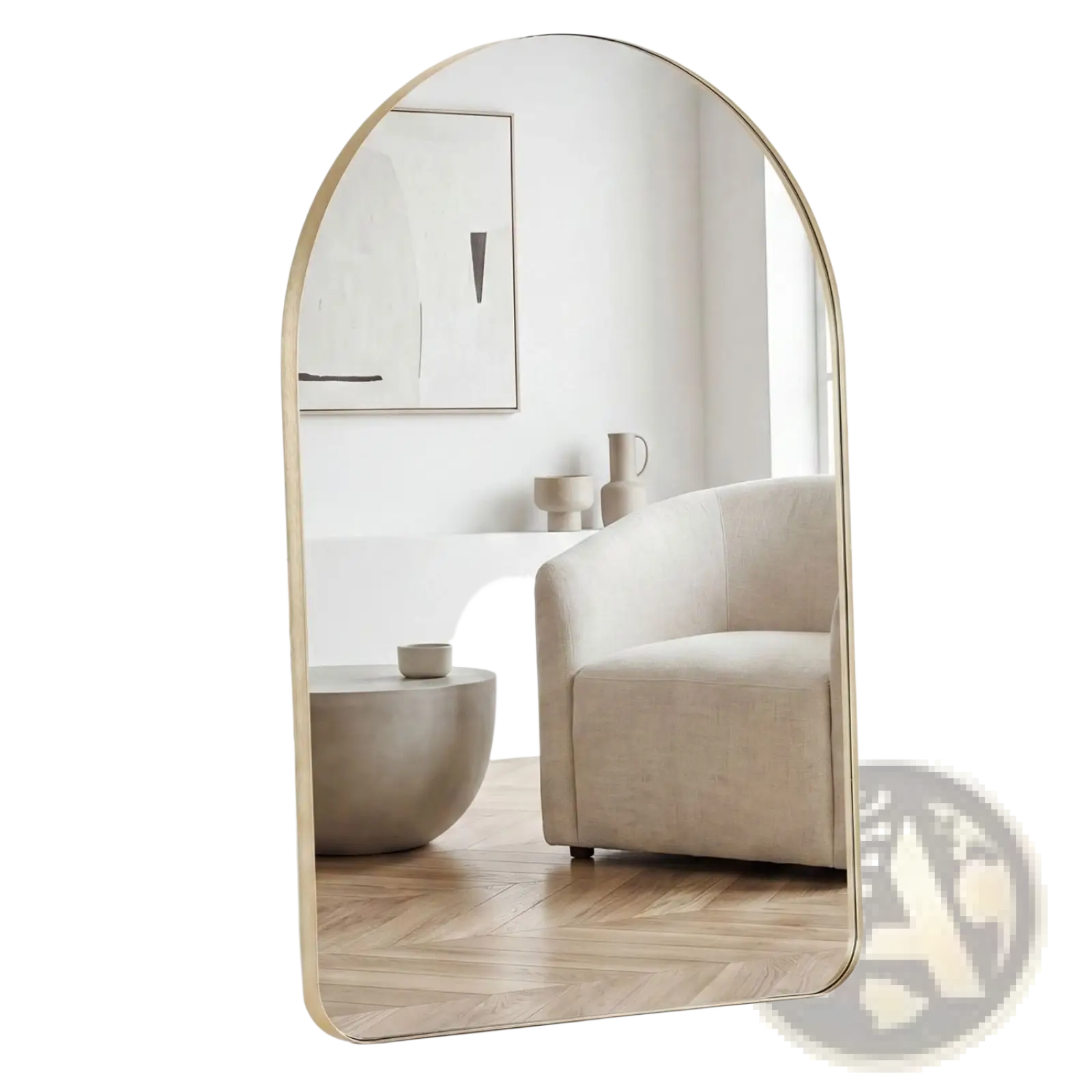 Arched wall mirror with a sleek gold-toned metal frame reflecting a minimalist living room scene