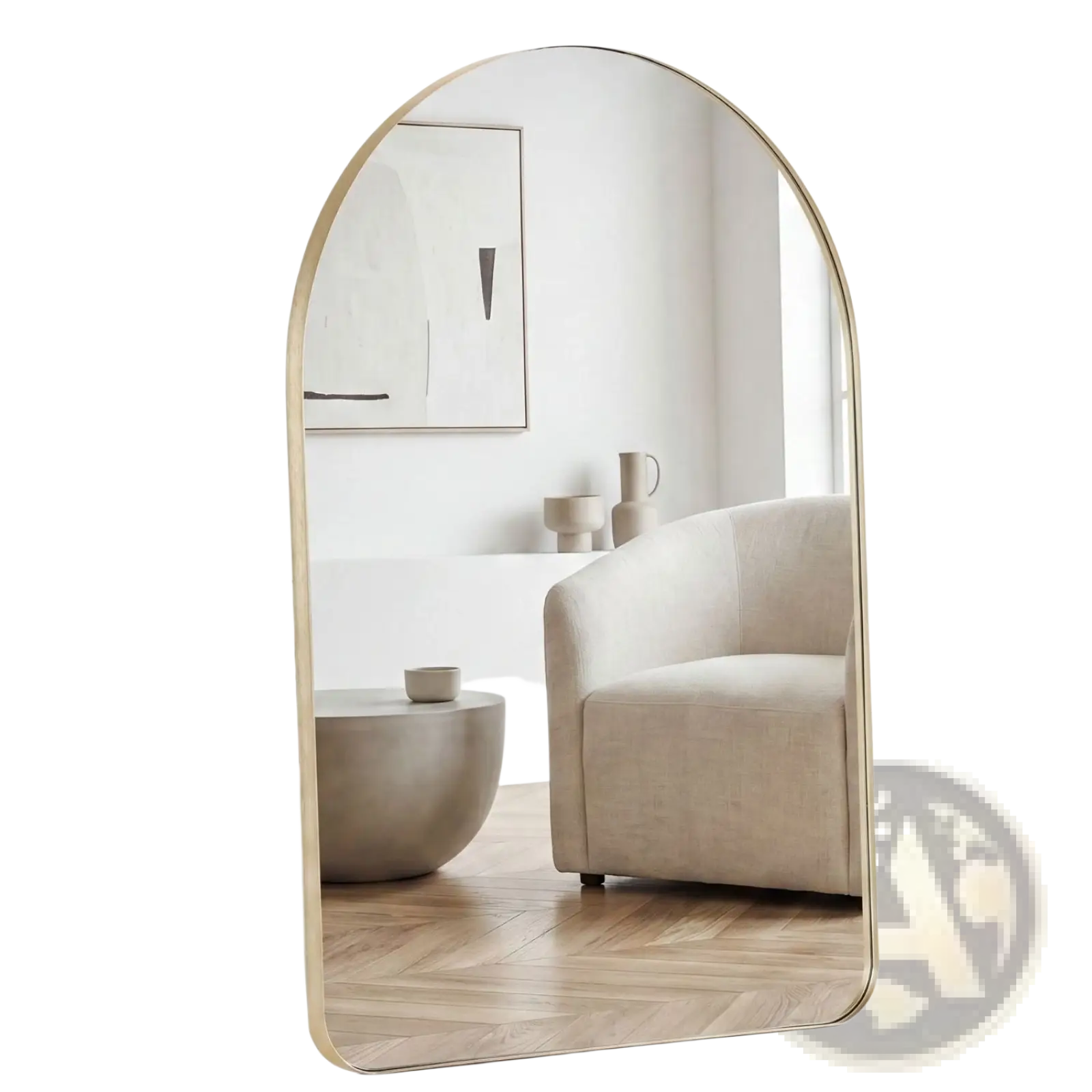 Arched wall mirror with a sleek gold-toned metal frame reflecting a minimalist living room interior for vanity use
