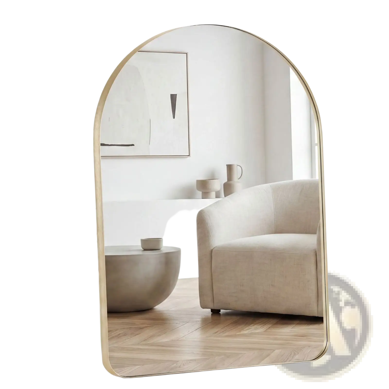 Arched wall mirror with a modern gold metal frame reflecting a minimalist living room vanity space