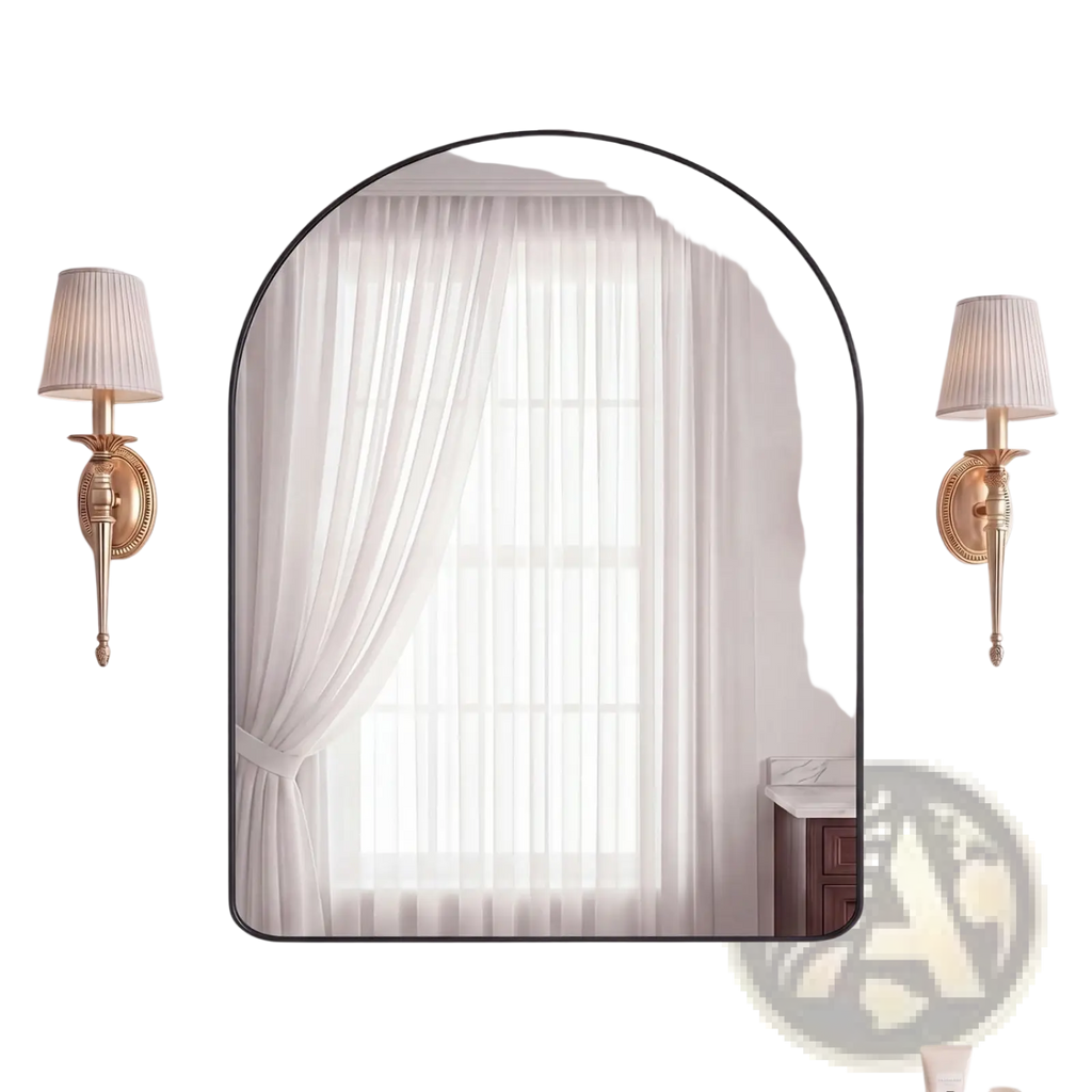 Black arched wall mirror with sleek metal frame for modern vanity and bathroom decor use