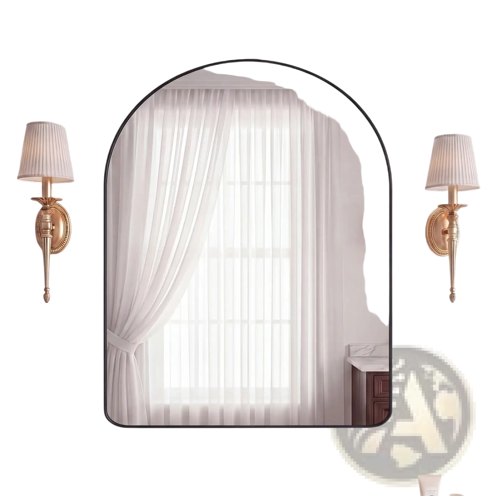 Black arched wall mirror with sleek metal frame for modern vanity and bathroom decor use