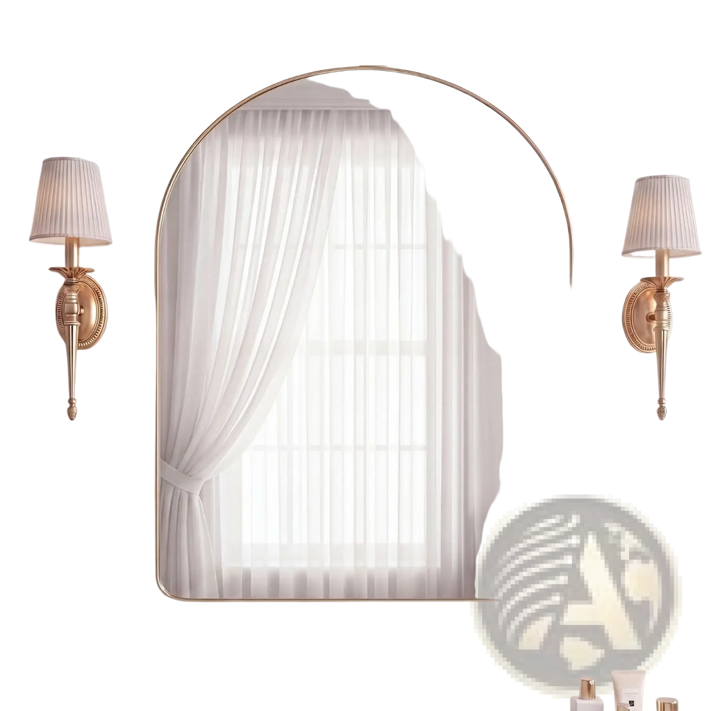 Arched wall mirror with modern gold metal frame 31.5 by 33.46 inches flanked by matching wall sconces