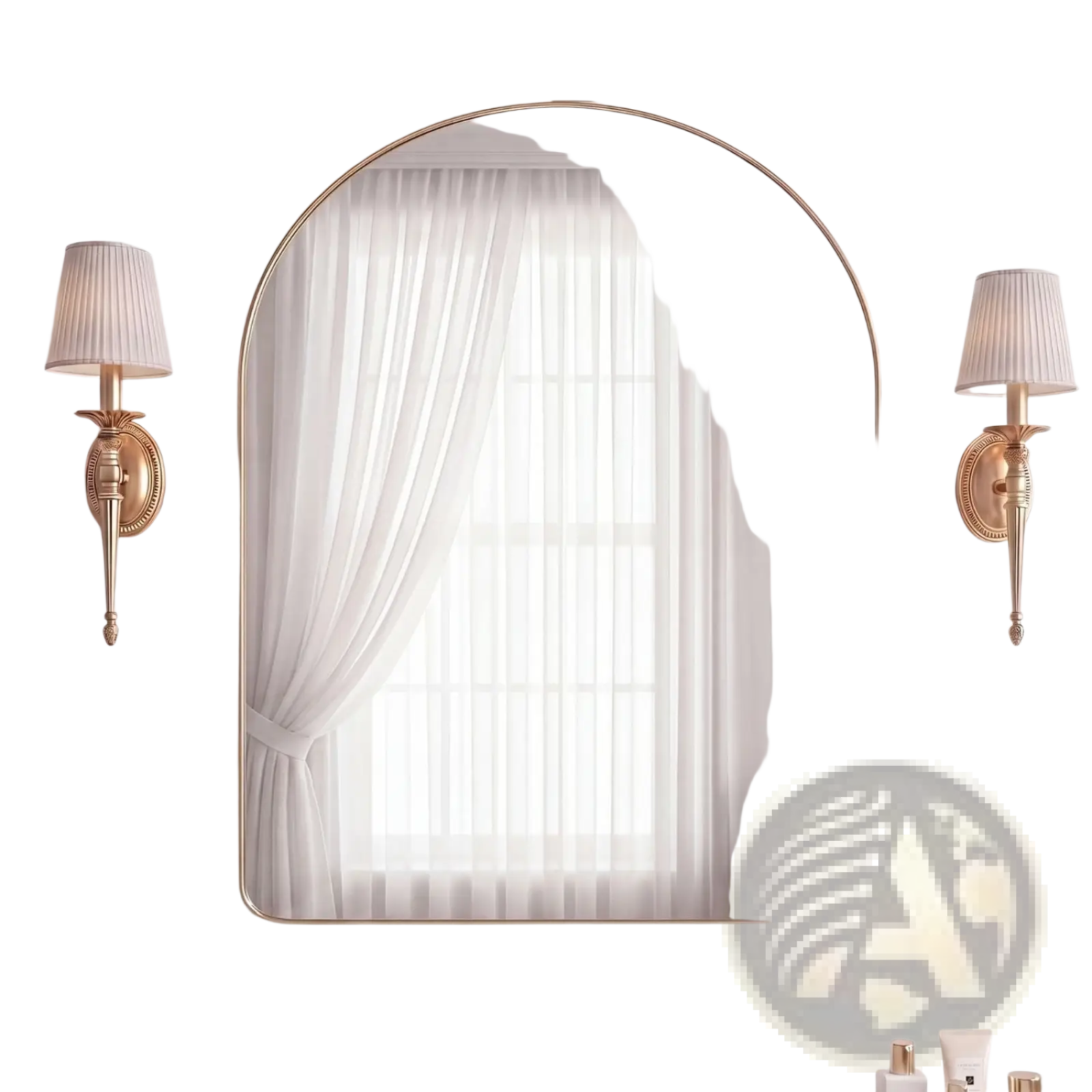 Arched wall mirror with modern gold metal frame 31.5 by 33.46 inches flanked by matching wall sconces