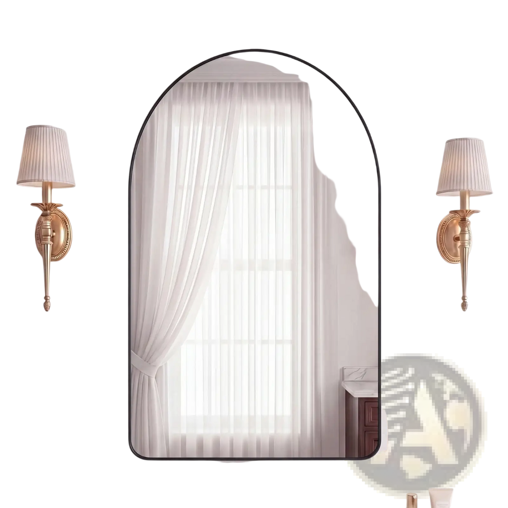 A sleek arched wall mirror with a thin black modern metal frame for bathroom vanity use