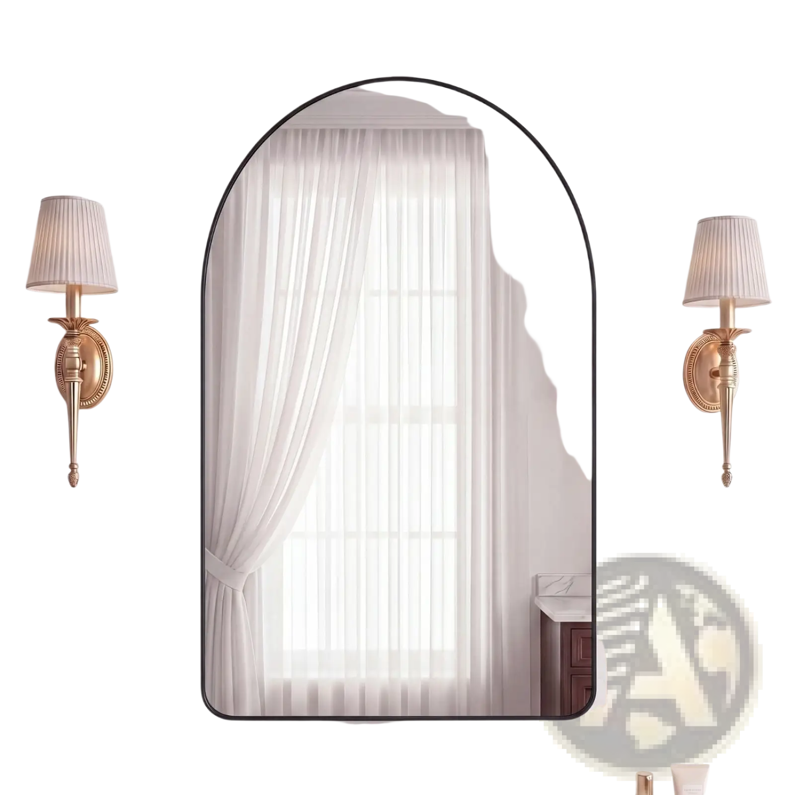 A sleek arched wall mirror with a thin black modern metal frame for bathroom vanity use