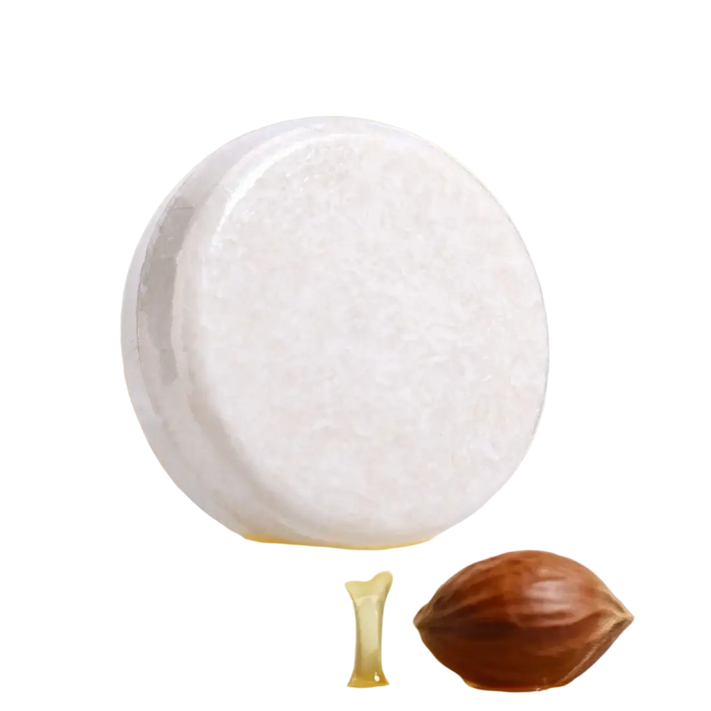 A round white solid conditioner bar featuring argan oil coconut oil jojoba surrounded by brown argan nuts and golden liquid