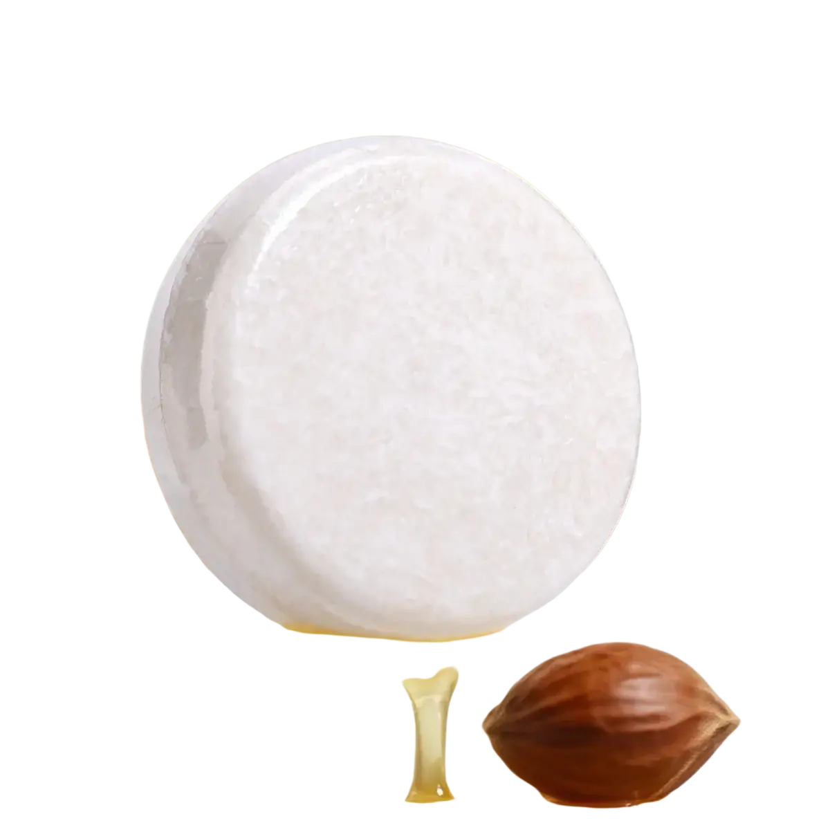 A round white solid conditioner bar featuring argan oil coconut oil jojoba surrounded by brown argan nuts and golden liquid