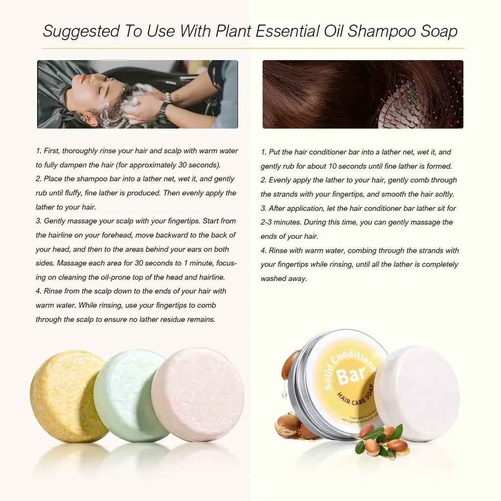 A round white solid conditioner bar with argan oil coconut oil jojoba in a silver lid packaging for hair care