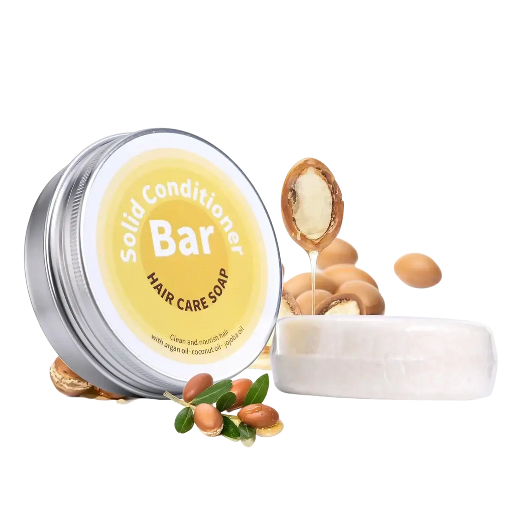 Argan oil coconut oil jojoba white solid conditioner bar in silver tin for hair care and moisturizing benefits