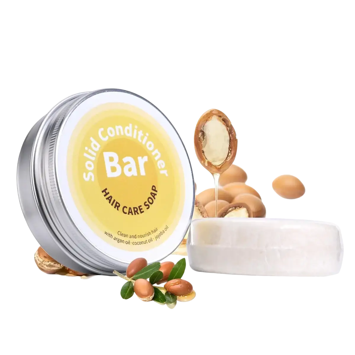 Argan oil coconut oil jojoba white solid conditioner bar in silver tin for hair care and moisturizing benefits